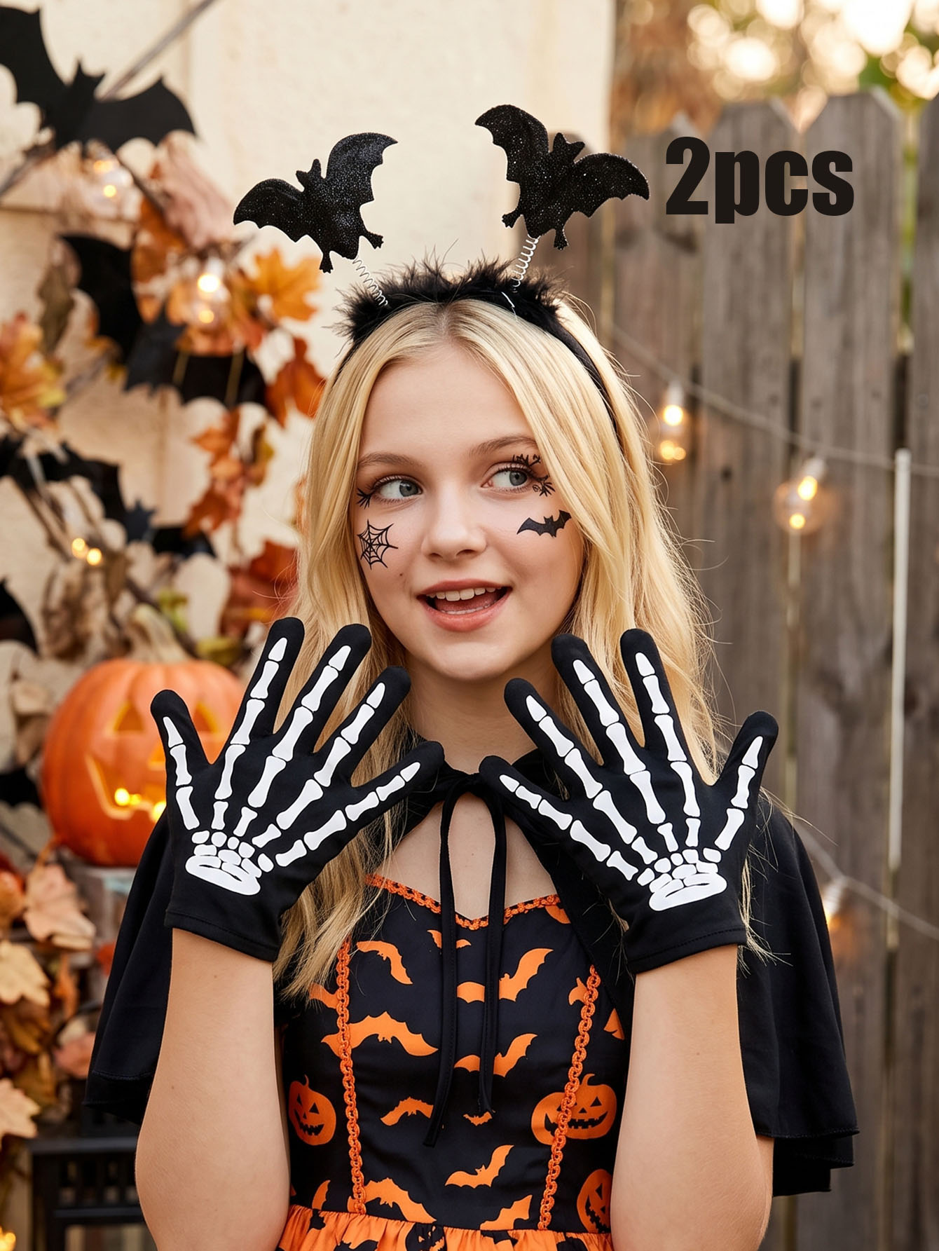 Cosplay Bat Prop - 2-teiliges Halloween-Zubehör-Set für Teenager-Mädchen, Wackelfledermaus-Skelett, Netz-Fingerhandschuhe