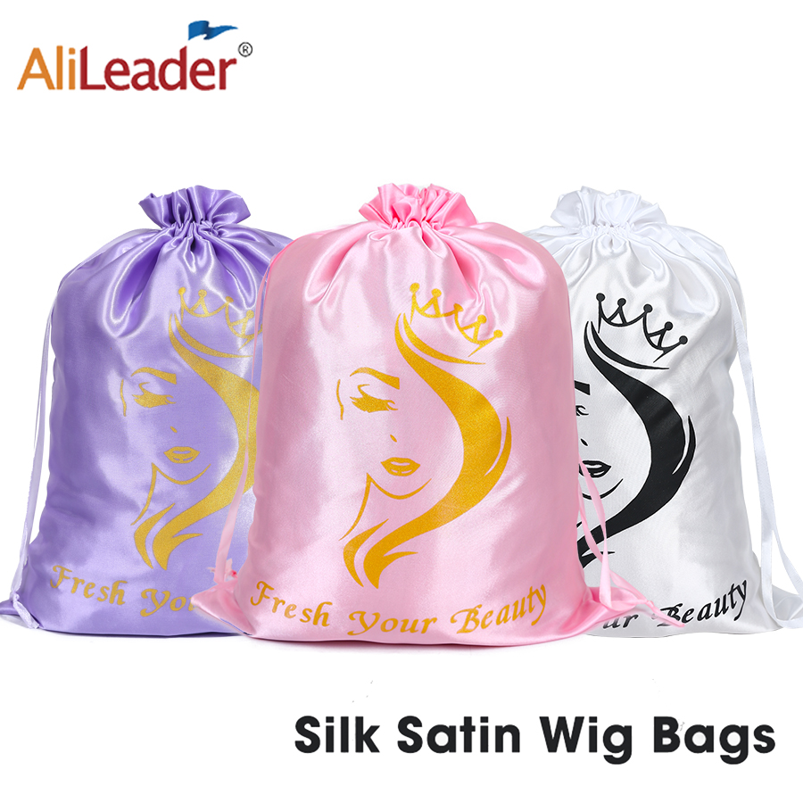 Aerith Cosplay Prop - Satin-Perückentasche mit Kordelzug, Verpackungstasche, schwarz/rosa/lila, Seidensatin-Haartasche